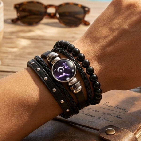 Cosmic Black Leather Bracelet Set