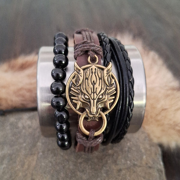 Viking Wolf Bracelet Set - Brown