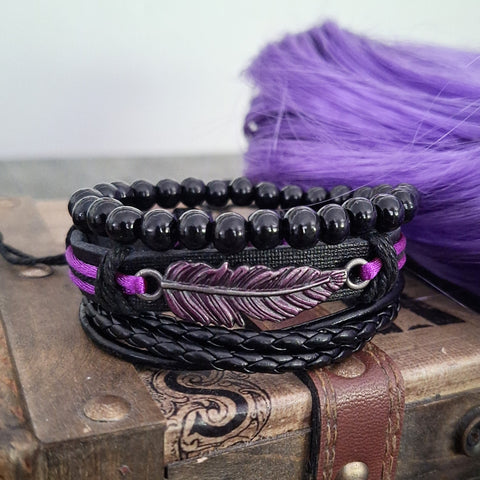 Purple Raven Feather Bracelet Set