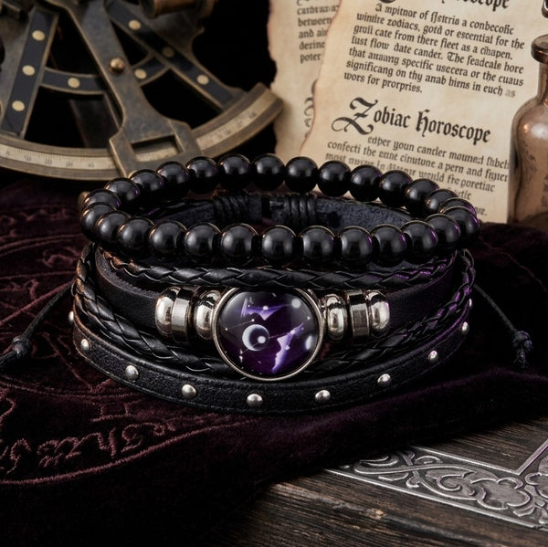 Cosmic Black Leather Bracelet Set