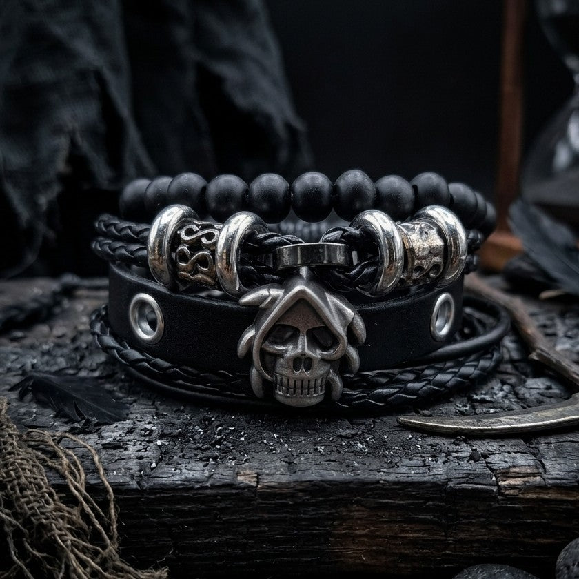 Skull Leather Bracelet | Silverado Outpost