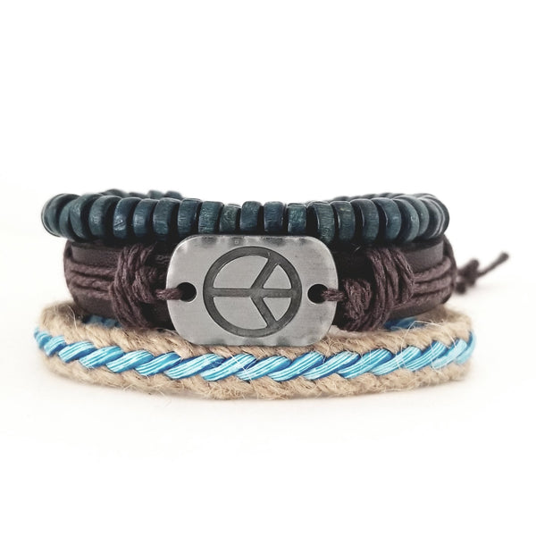 Peace Leather Bracelet Set - Aqua