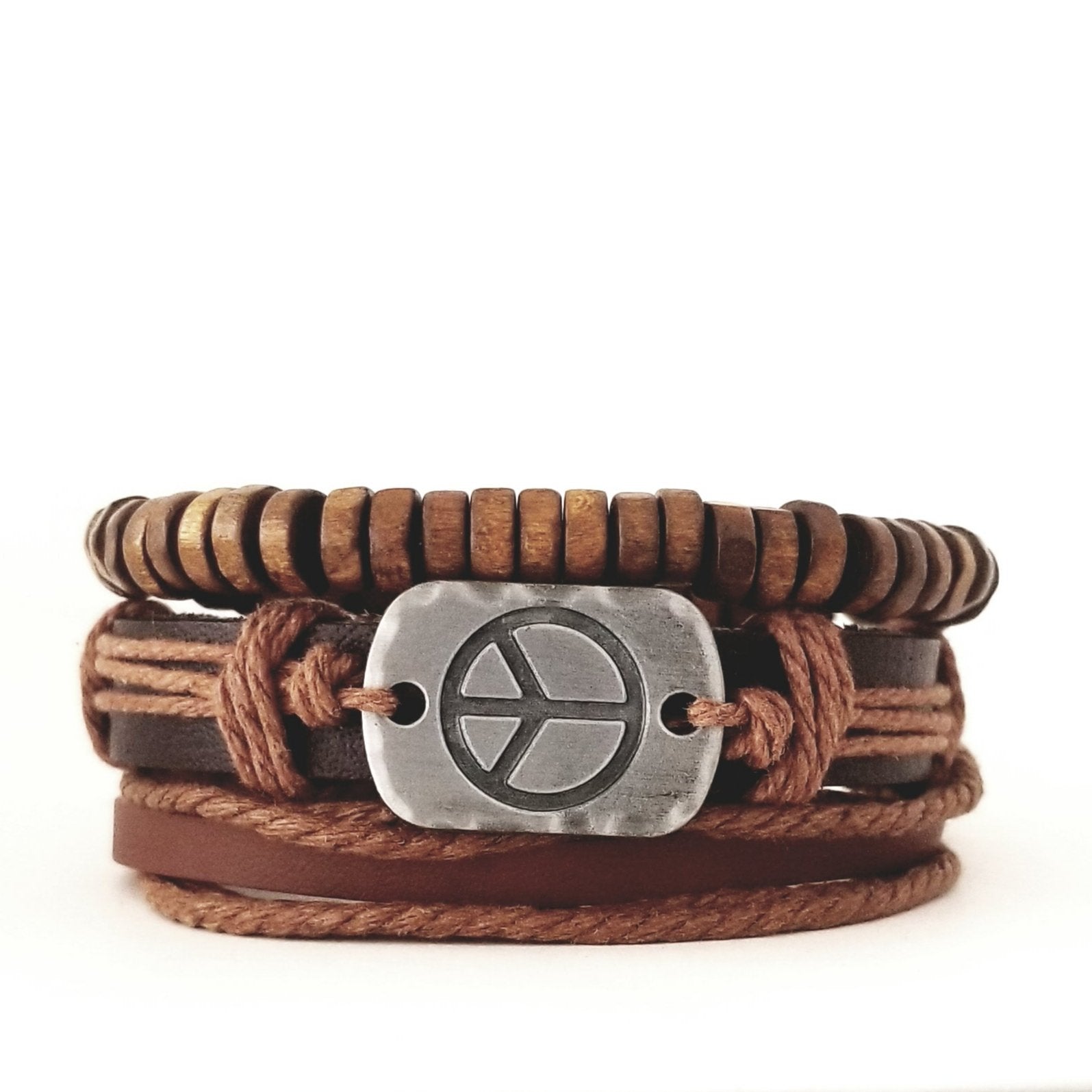 Peace Leather Bracelet Set - Brown