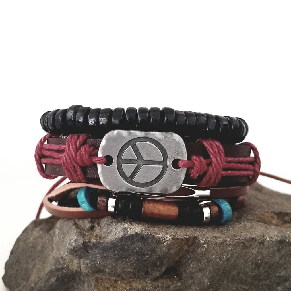 Peace Multilayer Leather Bracelet Set | Silverado Outpost