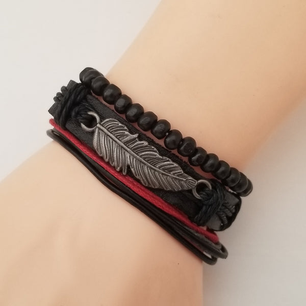 Black & Red Feather Bracelet Set