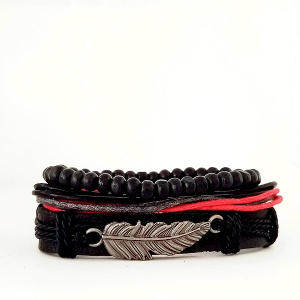 Black & Red Feather Bracelet Set