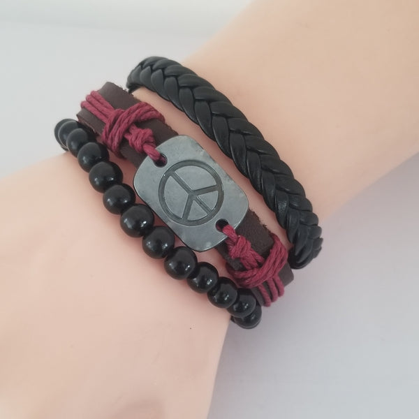 Peace Leather Bracelet Set - Black