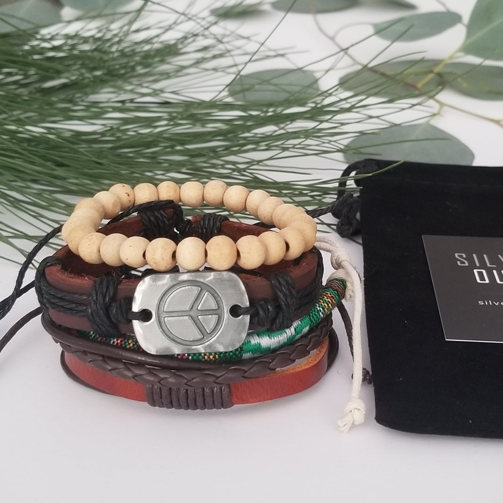 Peace Leather Bracelet Set - Green