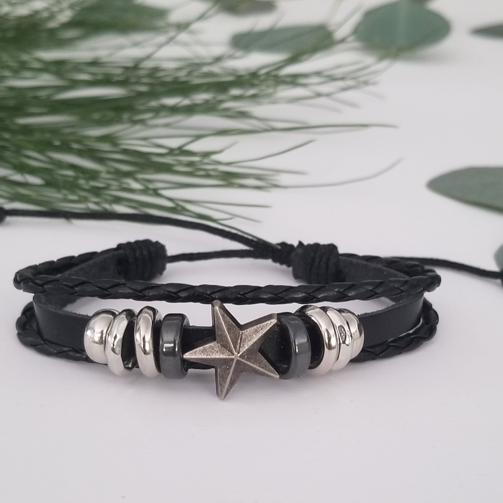 Star All Black Leather Bracelet Set | Silverado Outpost