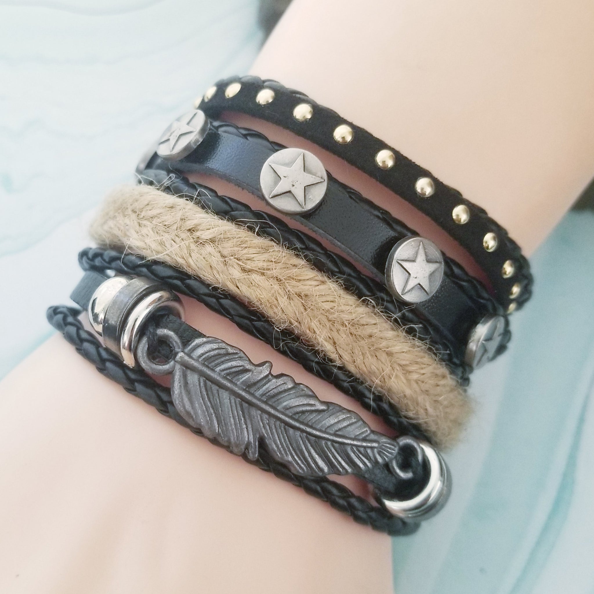 Feather/Stars Leather Bracelet Set (C)