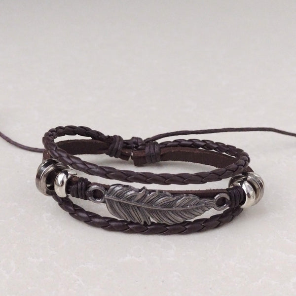 Feather Leather Bracelet - Brown