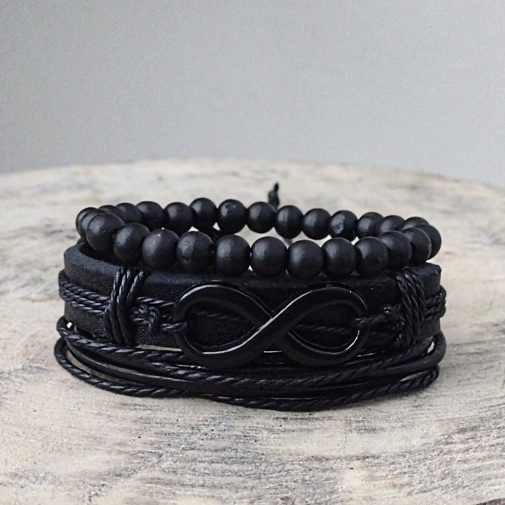 Infinity Love Number 8 Bracelet - Black Three-Row Leather Wristband For Men & Women, Adjustable 7.99 Inch, Alloy & Synthetic Leather