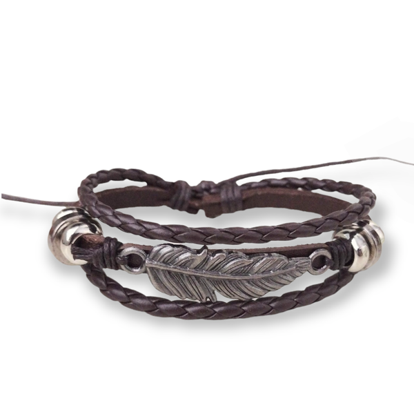 Feather Leather Bracelet - Brown