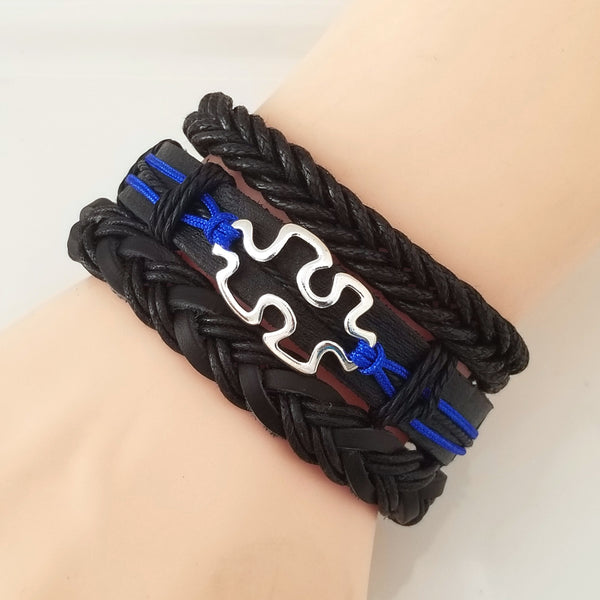 Puzzle Leather Bracelet Set - Blue