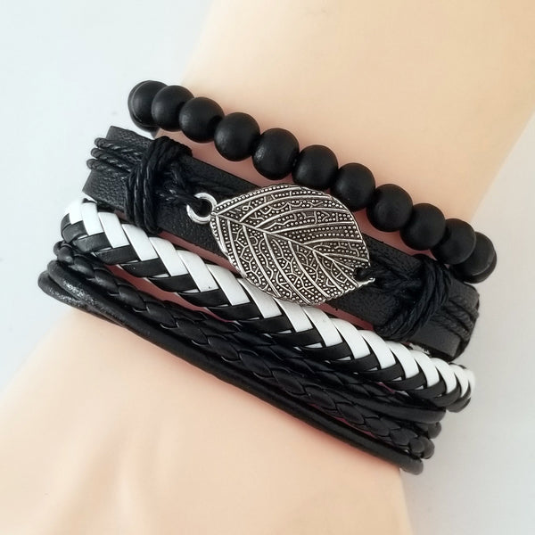 Black Leaf Leather Bracelet Set - Silverado Outpost