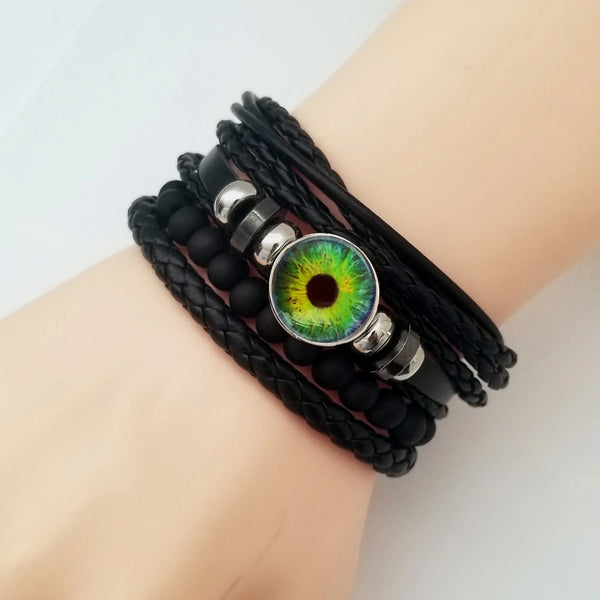 Dragon Eye Leather Bracelet Set - Green Round