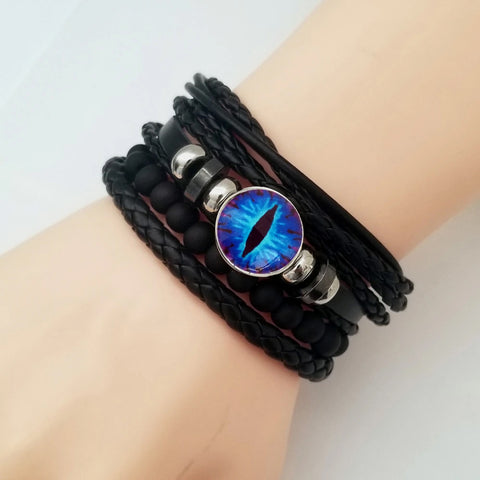 Dragon Eye Leather Bracelet Set - Neon Blue