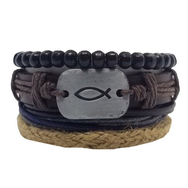Ichthys Leather Bracelet Set - Silverado Outpost