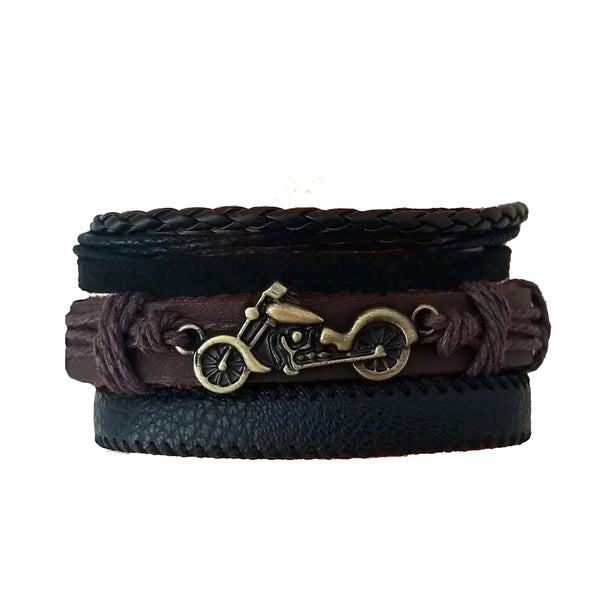 Motorcycle Leather Bracelet Set - Brown (c)