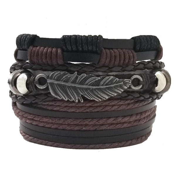 Nature Feather Leather Bracelet Set - Silverado Outpost