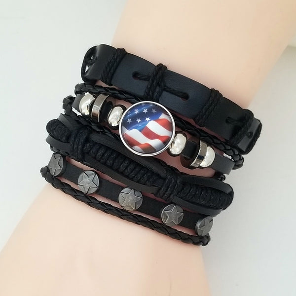Patriotic USA Leather Bracelet Set - Silverado Outpost
