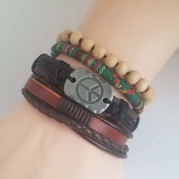 Peace Leather Bracelet Set - Green