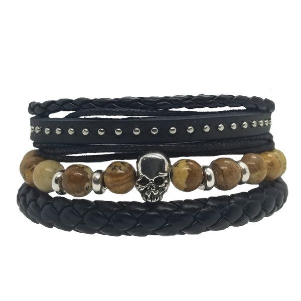 Skull Bead Leather Bracelet Set - Light Brown - Silverado Outpost