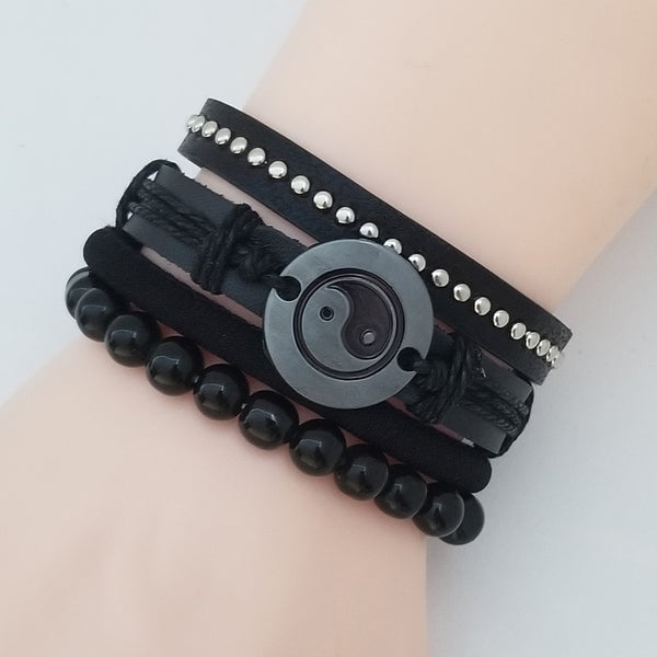 Yin Yang Black Leather Bracelet Set - Silverado Outpost