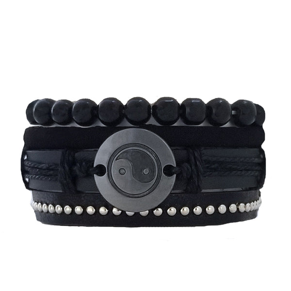 Yin Yang Black Leather Bracelet Set - Silverado Outpost