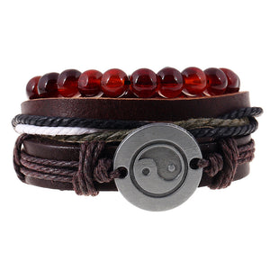 Yin Yang Brown Leather Bracelet Set - Silverado Outpost